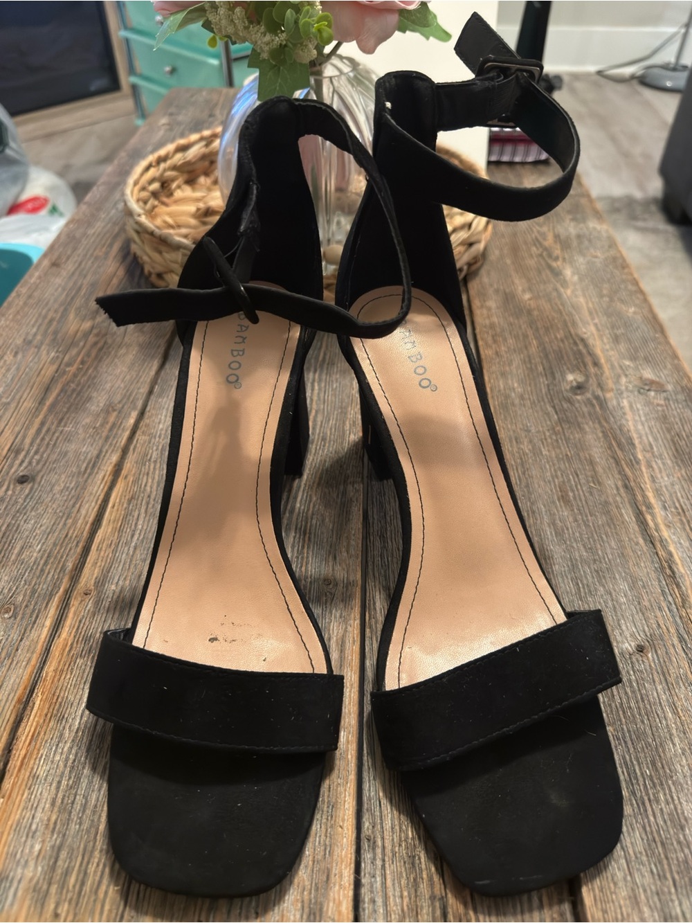 BAMBOO Black Suede Ankle-Strap Block Heels